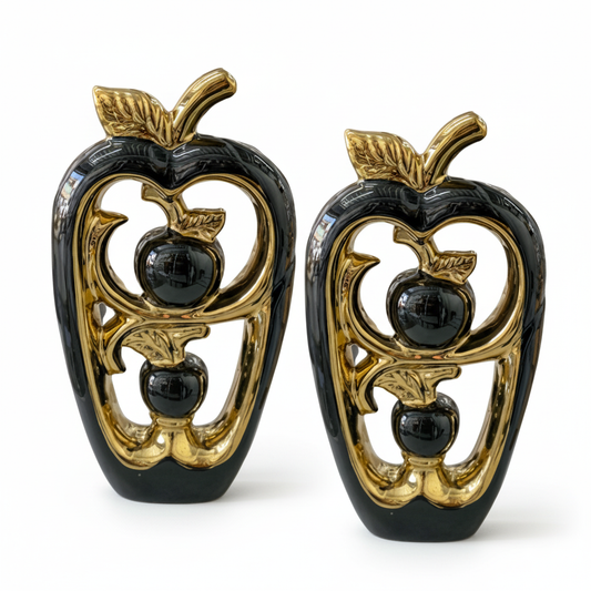 Manzanas Decorativas En Porcelana Negro con Dorado