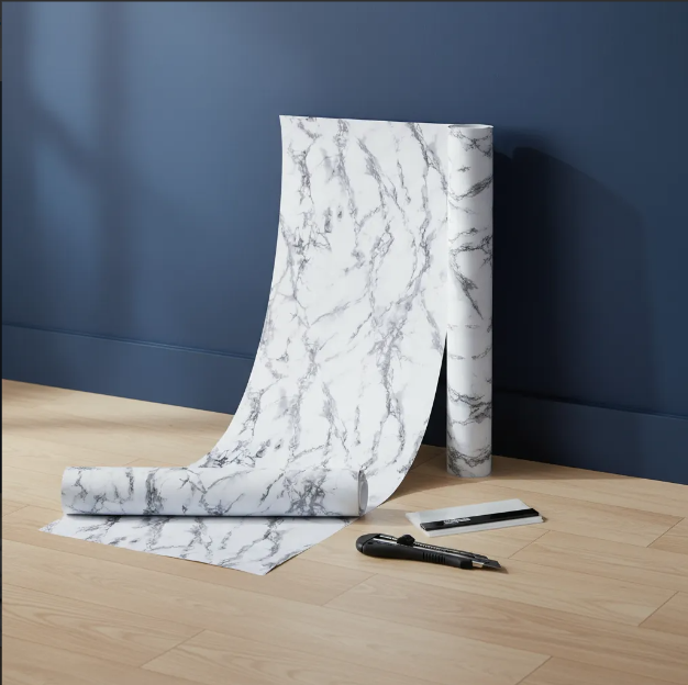 Papel Tapiz Autoadhesivo Blanco con Negro Marmolizado