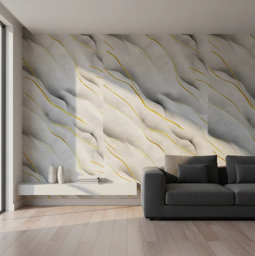 Papel Tapiz Autoadhesivo Gris con Dorado Marmolizado