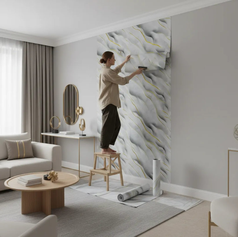 Papel Tapiz Autoadhesivo Gris con Dorado Marmolizado