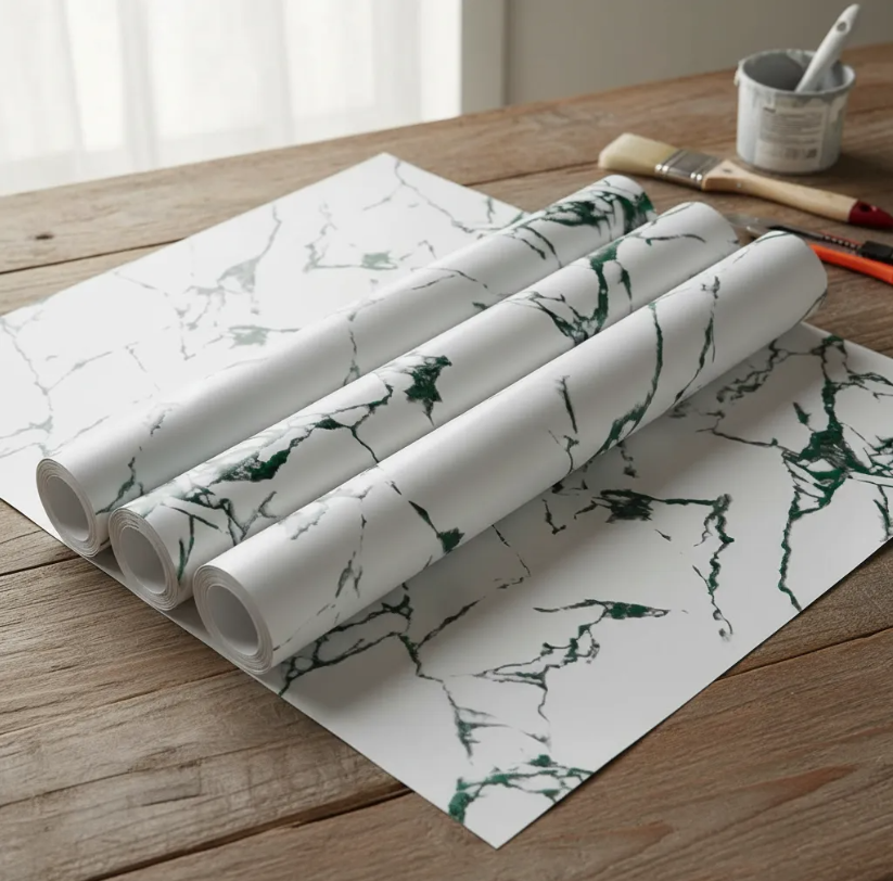 Papel Tapiz Autoadhesivo Blanco con Verde Marmolizado