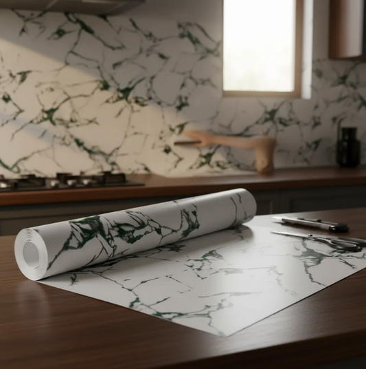Papel Tapiz Autoadhesivo Blanco con Verde Marmolizado