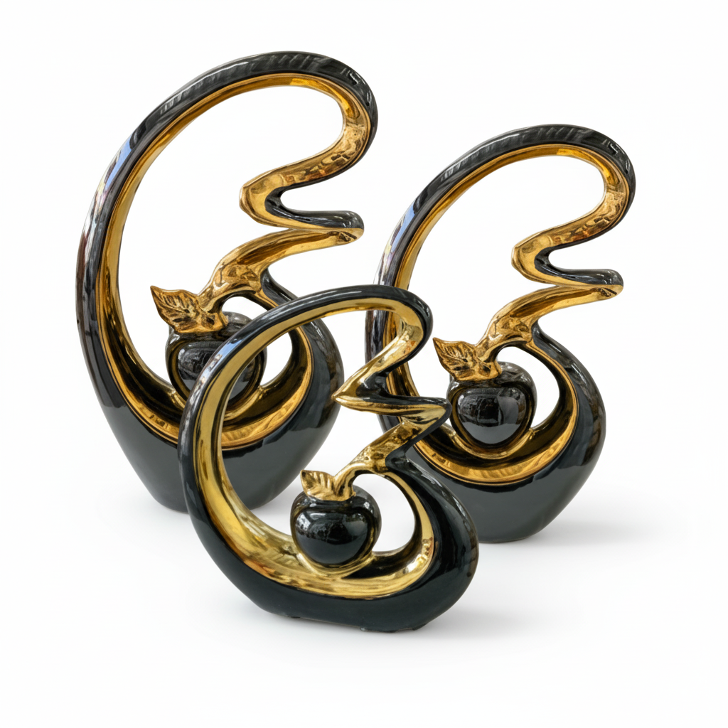 Trio De Figuras Decorativas Manzana Doradas