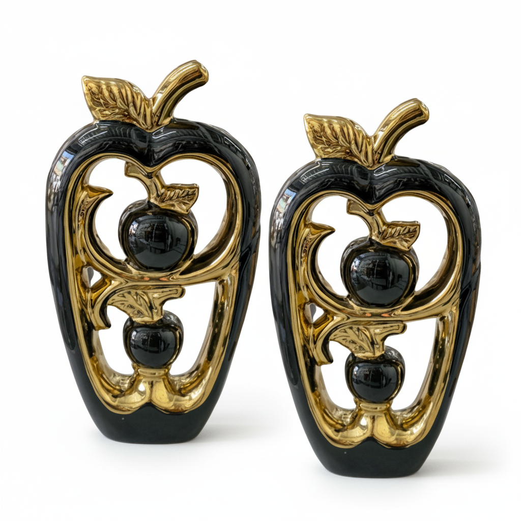 Manzanas Decorativas En Porcelana Negro con Dorado