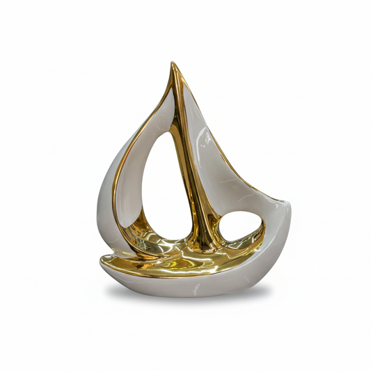 Barco Decorativo En Porcelana Blanco con Dorado